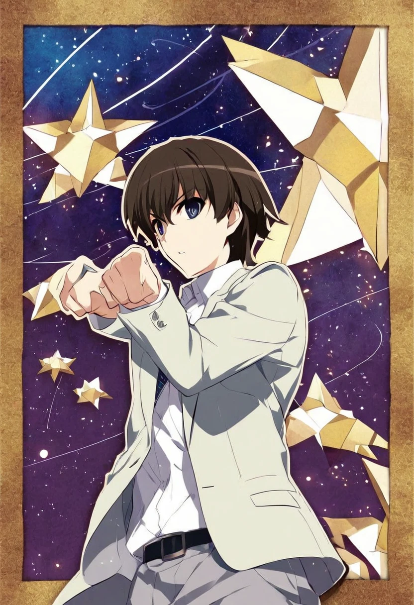 Anime-style illustration of a young male character. Brown hair with bangs, large expressive eyes. Wearing a light blue suit jacket over a white shirt. Grey pants and black shoes. Standing pose, slightly angled to the side. Serious expression with a hint of determination. Clean, crisp art style typical of anime promotional images. Character set against a starry space background with blue nebula effects.