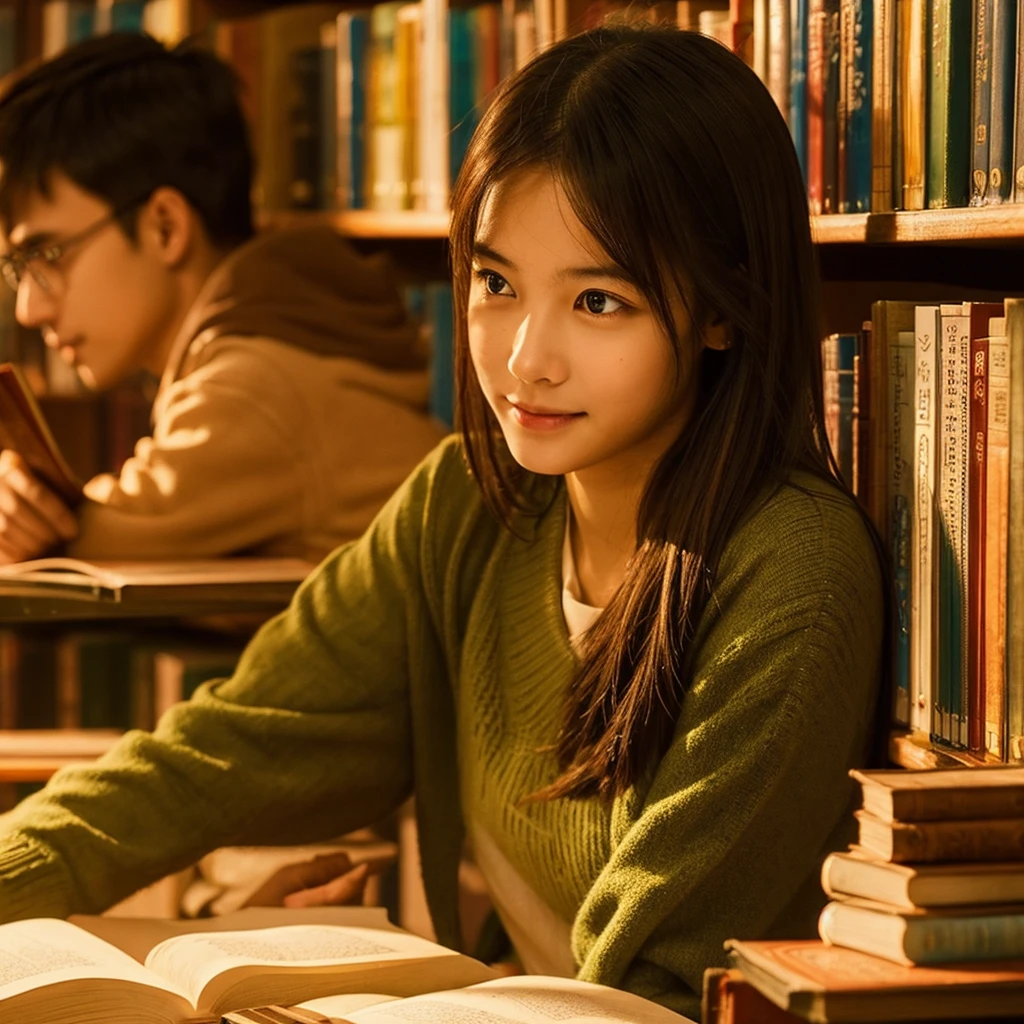 girl in , beautiful detailed face, slightly smiling, sitting with man, reading books together in library at night, intricate details, photorealistic, cinematic lighting, warm color tones, highly detailed