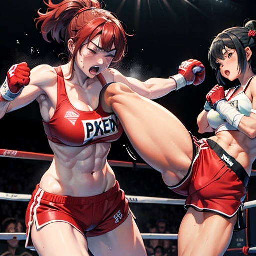 Two injured Japanese female heavyweight kickboxers boxing hard in the ring。Dynamic punch exchange。Murderous intent。Very intense battle。Sweating a lot。One eye closed, out of breath。Drooling。Boxing gloves。Erect nippleuscular。Six Pack Abs。Very thick arms and thighs。Super big breasts。Sports Grains。High leg shorts。Kini。