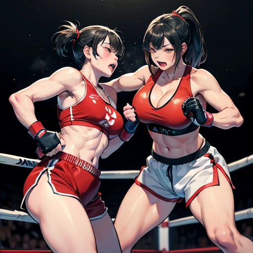 Two injured Japanese female heavyweight kickboxers boxing hard in the ring。Dynamic punch exchange。Murderous intent。Very intense battle。Sweating a lot。One eye closed, out of breath。Drooling。Boxing gloves。Erect nippleuscular。Six Pack Abs。Very thick arms and thighs。Super big breasts。Sports Grains。High leg shorts。Kini。