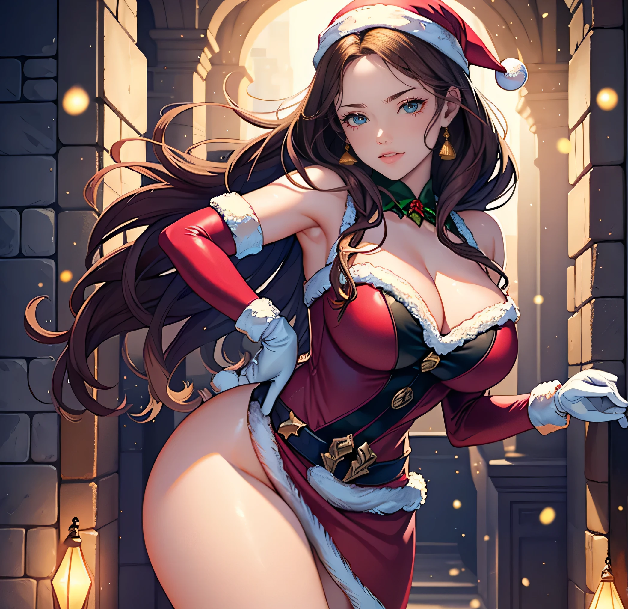 1girl, solo, masterpiece, best quality, high res, highly detailed, (illustration), beautiful detailed eyes, dorothea ,glossy lips, light makeup, warm smile, long white satin elbow gloves ,cowboy shot, (santa), red santa dress, full body, elbow white gloves, long white gloves with a big breasts visible in front