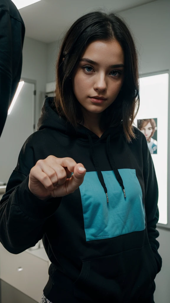 girl offering her hand to the screen, that she is black haired with a black hoodie with a blonde man with blue eyes next to her