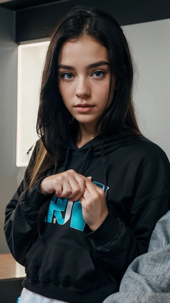 girl offering her hand to the screen, that she is black haired with a black hoodie with a blonde man with blue eyes next to her
