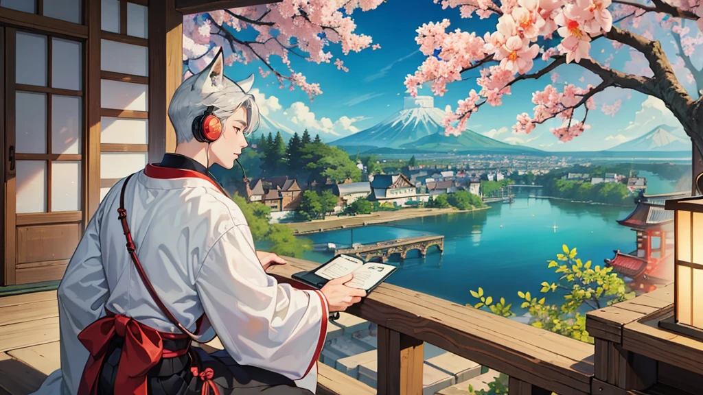(masterpiece, Highest quality, Highest quality, Official Art, beautifully、aesthetic,1 boy:1.5), A silver-haired male character walking through a Japanese garden while listening to music、Japanese style illustration of a man with fox ears and a fox tail playing the koto. A scene of a man in a traditional kimono enjoying music while admiring the scenery. A male character sitting on a balcony and playing a Japanese musical instrument. A man with fox ears and a fox tail listening to music with a castle town landscape in the background. In a Japanese-style room lined with folding screens and lanterns.、Scene of a man wearing earphones enjoying music. Image of a man sitting on a porch, looking at the view and listening to music with a gentle smile. A man in traditional Japanese clothing has fox ears and a fox tail.、A man wearing headphones enjoying music is sitting in a Japanese garden、A kind-looking man wearing fox ears creates a peaceful atmosphere..、Listening to music with a castle town in the background,Wide-angle ,Detail View. 8k wallpaper. High resolution. --s 1000