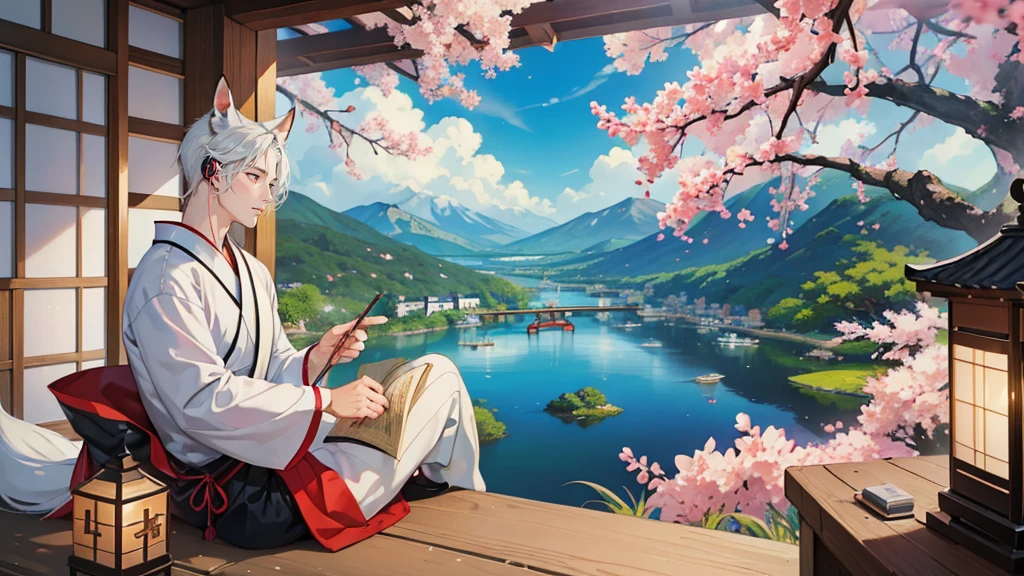 (masterpiece, Highest quality, Highest quality, Official Art, beautifully、aesthetic,1 boy:1.5),  A silver-haired male character walking through a Japanese garden while listening to music、Japanese style illustration of a man with fox ears and a fox tail playing the koto. A scene of a man in a traditional kimono enjoying music while admiring the scenery. A male character sitting on a balcony and playing a Japanese musical instrument. A man with fox ears and a fox tail listening to music with a castle town landscape in the background. In a Japanese-style room lined with folding screens and lanterns.、Scene of a man wearing earphones enjoying music. Image of a man sitting on a porch, looking at the view and listening to music with a gentle smile. A man in traditional Japanese clothing has fox ears and a fox tail.、A man wearing headphones enjoying music is sitting in a Japanese garden、A kind-looking man wearing fox ears creates a peaceful atmosphere..、Listening to music with a castle town in the background,Wide-angle ,Detail View. 8k wallpaper. High resolution. --s 1000
