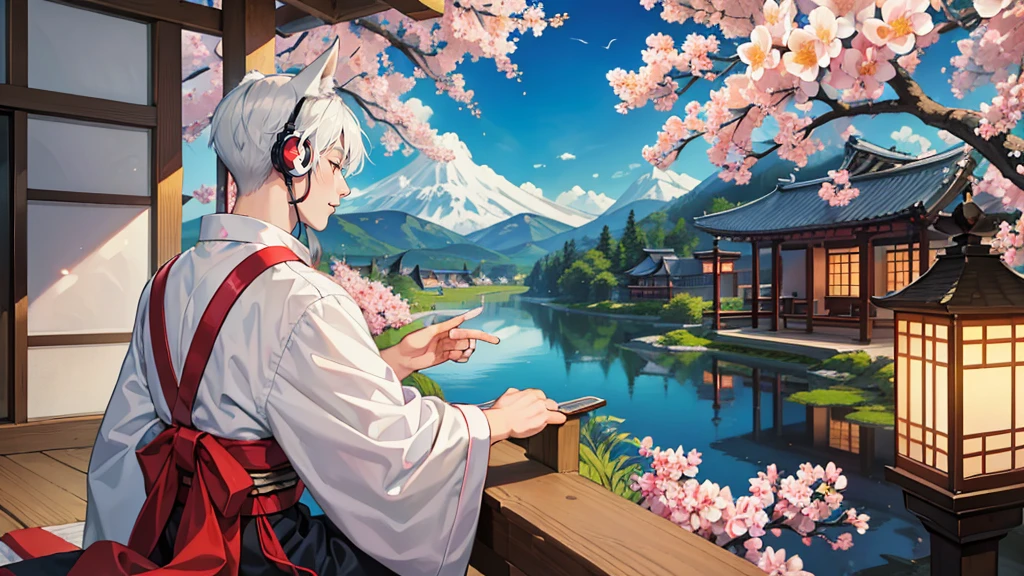 (masterpiece, Highest quality, Highest quality, Official Art, beautifully、aesthetic,1 boy:1.5), A silver-haired male character walking through a Japanese garden while listening to music、Japanese style illustration of a man with fox ears and a fox tail playing the koto. A scene of a man in a traditional kimono enjoying music while admiring the scenery. A male character sitting on a balcony and playing a Japanese musical instrument. A man with fox ears and a fox tail listening to music with a castle town landscape in the background. In a Japanese-style room lined with folding screens and lanterns.、Scene of a man wearing earphones enjoying music. Image of a man sitting on a porch, looking at the view and listening to music with a gentle smile. A man in traditional Japanese clothing has fox ears and a fox tail.、A man wearing headphones enjoying music is sitting in a Japanese garden、A kind-looking man wearing fox ears creates a peaceful atmosphere..、Listening to music with a castle town in the background,Wide-angle ,Detail View. 8k wallpaper. High resolution. --s 1000