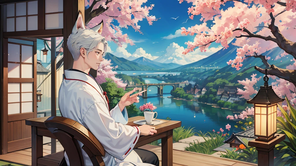 (masterpiece, Highest quality, Highest quality, Official Art, beautifully、aesthetic,1 boy:1.5), A silver-haired male character walking through a Japanese garden while listening to music、Japanese style illustration of a man with fox ears and a fox tail playing the koto. A scene of a man in a traditional kimono enjoying music while admiring the scenery. A male character sitting on a balcony and playing a Japanese musical instrument. A man with fox ears and a fox tail listening to music with a castle town landscape in the background. In a Japanese-style room lined with folding screens and lanterns.、Scene of a man wearing earphones enjoying music. Image of a man sitting on a porch, looking at the view and listening to music with a gentle smile. A man in traditional Japanese clothing has fox ears and a fox tail.、A man wearing headphones enjoying music is sitting in a Japanese garden、A kind-looking man wearing fox ears creates a peaceful atmosphere..、Listening to music with a castle town in the background,Wide-angle ,Detail View. 8k wallpaper. High resolution. --s 1000