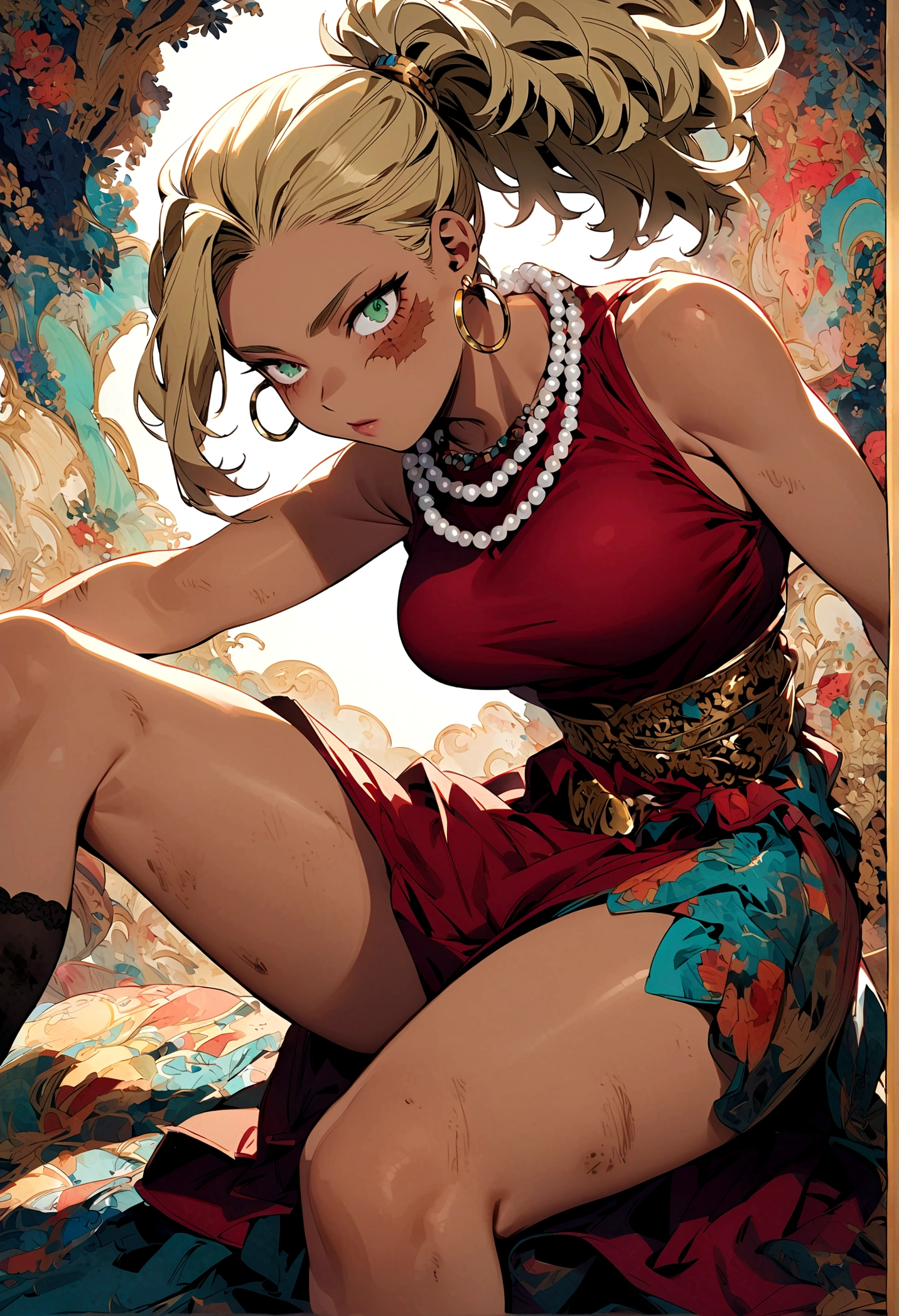 My Hero Academia Capture female with long dirty blonde, Afro ponytail, pale green irises, dark red sleeveless dress, gold hoop earring, pearl necklace, scar under eye, dark skin, open dress where her legs are out