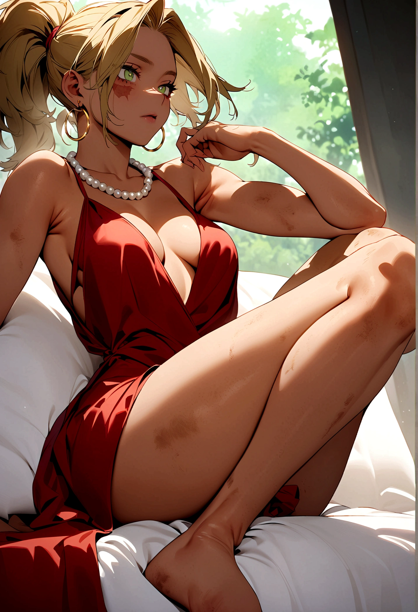 My Hero Academia Capture female with long dirty blonde, Afro ponytail, pale green irises, dark red sleeveless dress, gold hoop earring, pearl necklace, scar under eye, dark skin, open dress where her legs are out