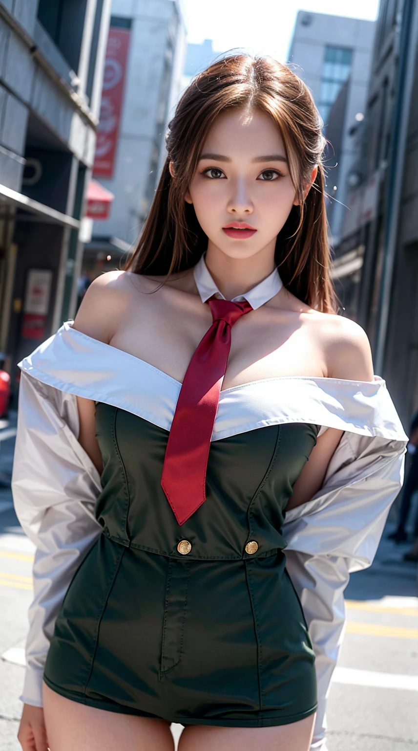 Very detailed CG Unity 8K wallpaper,(tmasterpiece),Colossal 、Toned buttocks、pale pink lip、（with blush cheeks）、(best qualtiy),(ultra - detailed),(Ultra photo realsisim),(best character detail:1.36),Nikon D750 F / 1.4 55mm,profetional lighting, Anatomically correct proportions、Anatomically correct limbs、Anatomically correct fingers、physically-based renderingt, 1girll, female soldier,Zeon Military Uniform,Green military uniform,Fabric texture military uniform,snow-white lining,red necktie,bangss、brown hair updated hair,the golden ratio,[:(with detailed face:1.2):0.2]:,Loss of pure face_v1, Kpop Idol、broad shoulder,(Bigchest:1.5),(Big Assa:1.5),Drenched in sweat,red flag,In the square,Superb view,Bright sun、thick thighs, 