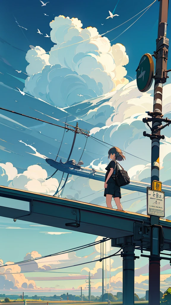 masterpiece, Exquisite detail,Highest quality,handrail, cloud,Power lines,View your viewers, Electric pole, bangs, cloudy zero, fish, bird, Green Eyes, Shorts, animal, Day, Black Shirt, barefoot,train,Railroad crossing,whale,ロングヘア