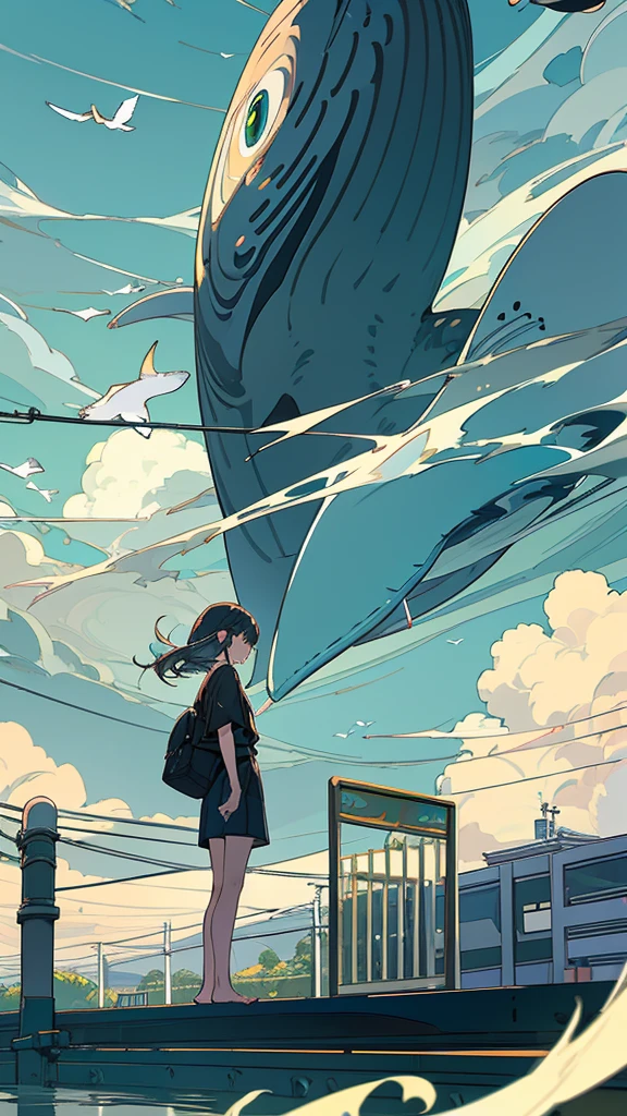 masterpiece, Exquisite detail,Highest quality,handrail, cloud,Power lines,View your viewers, Electric pole, bangs, cloudy zero, fish, bird, Green Eyes, Shorts, animal, Day, Black Shirt, barefoot,train,Railroad crossing,whale,ロングヘア
