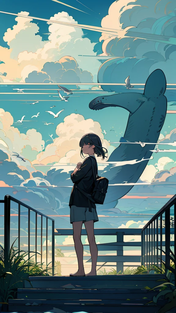 masterpiece, Exquisite detail,Highest quality,handrail, cloud,Power lines,View your viewers, Electric pole, bangs, cloudy zero, fish, bird, Green Eyes, Shorts, animal, Day, Black Shirt, barefoot,train,Railroad crossing,whale,ロングヘア