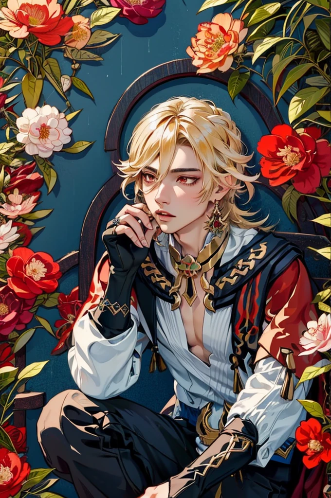 1 adult male solo, blond hair, red eyes, kaveh genshin impact, white top, red and black embroidered details, golden accessories, dark pants, fingerless gloves, feather hair ornament, shiny eyes (​masterpiece),((top-quality)),(offcial art),(Beautiful and indulgent:1.2),(1manin:1.3),Detailed drawing。Vibrant colors。colourfull、highestdetailed ((ultra-detailliert)),(Highly detailed 2D illustrations),((Extremely delicate and beautiful))Super Detail,atmosphric perspective，dust particle, iridescent light, water drops on flowers and plants, light summer rain, rainbow light, glowing, surrounded by dark red lily flowers