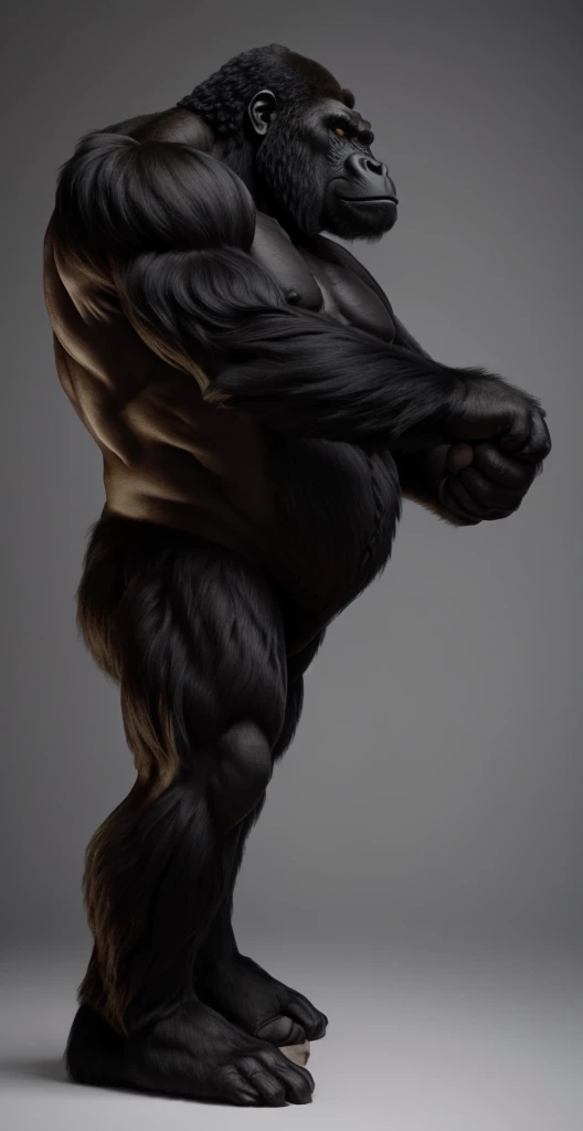 arafed gorilla standing on its hind legs with a white background, black hair gorilla, distant full body view, bigfoot, big foot, full body wide shot, whole body highly detailed, like gorilla, sasquatch,muscular, strong body, full body profile, 1/2 view realistic, full body shot hyperdetailed, highly detailed full body, ( sasquatch, full body close-up shot