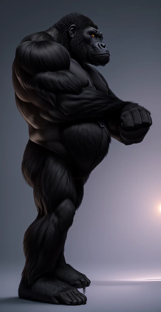 arafed gorilla standing on its hind legs with a white background, black hair gorilla, distant full body view, bigfoot, big foot, full body wide shot, whole body highly detailed, like gorilla, sasquatch,muscular, strong body, full body profile, 1/2 view realistic, full body shot hyperdetailed, highly detailed full body, ( sasquatch, full body close-up shot