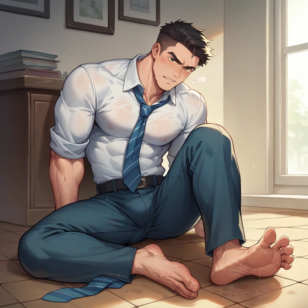 Muscular man comes home from work, takes off his sweaty work clothes and throws them on the floor, his tie, shirt and pants are on the floor, his stinky shoes, he also puts his stinky and sweaty feet on the table, Don's feet are big and stinky with veins and a little dirty, his legs have hair, his torso is very muscular, he has hair on his chest and his body is sweaty. In his boxers, his member stands out. The boxers are black. His left hand is behind his head, revealing his very hairy armpit and stinky his right hand is inside his boxers touching and scratching his testicles he is muscular his arms are big and veiny he is tanned and his hair is black b he has veins in his feet and hands very muscular tanned and stinky tired and with a relaxed expression on his face
