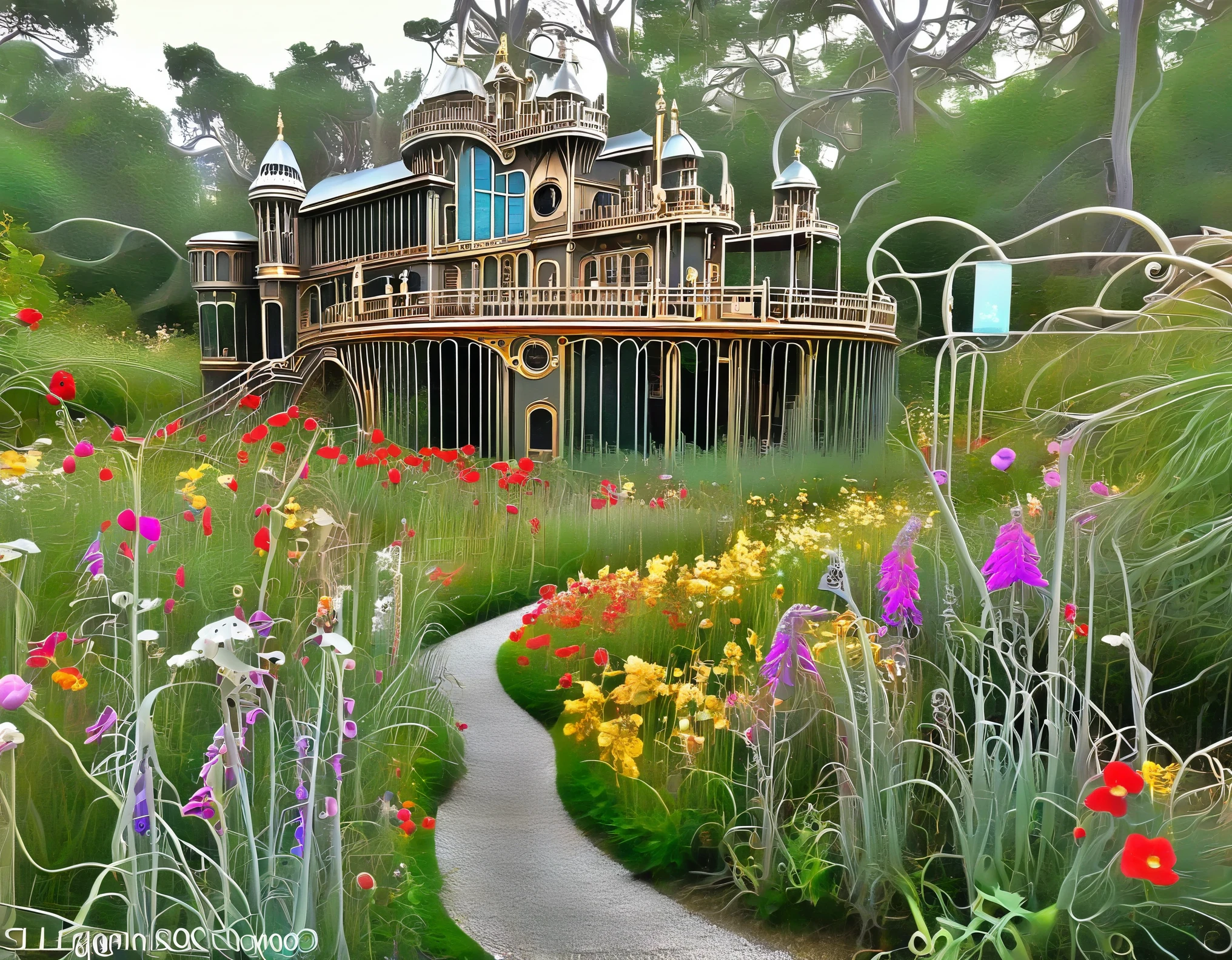 A steampunk-inspired palace of dreams, adorned with intricate gears and clockwork mechanisms. The garden surrounding it features brass and glass flowers.