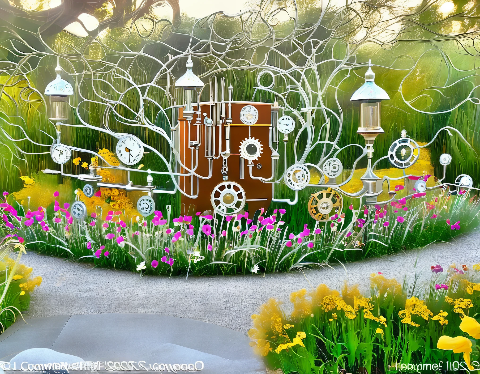 A steampunk-inspired palace of dreams, adorned with intricate gears and clockwork mechanisms. The garden surrounding it features brass and glass flowers.