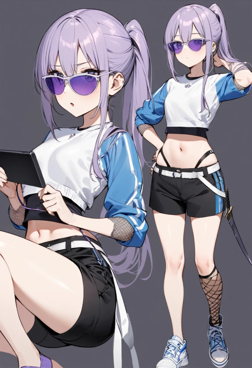 young girl, who wears a short jacket and a crop top, covering her upper body, exposing the navel. She also wears black buttonless shorts with a decorative piece of black and purple fabric, which hangs from the back, and also a white belt, with a gaming console attached to his hip. She has purple sunglasses on her head, , which she ties her hair into a loose ponytail. She also wears a pair of black ones, white and blue shoes, and also a knife, attached to her right leg, and short fishnets on the left calf. Besides, she has blue bandages on her left knee and lower back.