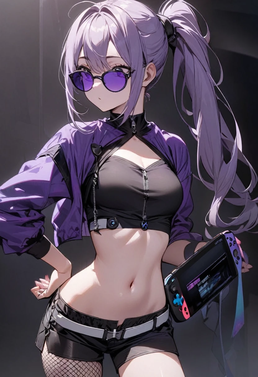 young girl, who wears a short jacket and a crop top, covering her upper body, exposing the navel. She also wears black buttonless shorts with a decorative piece of black and purple fabric, which hangs from the back, and also a white belt, with a gaming console attached to his hip. She has purple sunglasses on her head, , which she ties her hair into a loose ponytail. She also wears a pair of black ones, white and blue shoes, and also a knife, attached to her right leg, and short fishnets on the left calf. Besides, she has blue bandages on her left knee and lower back.