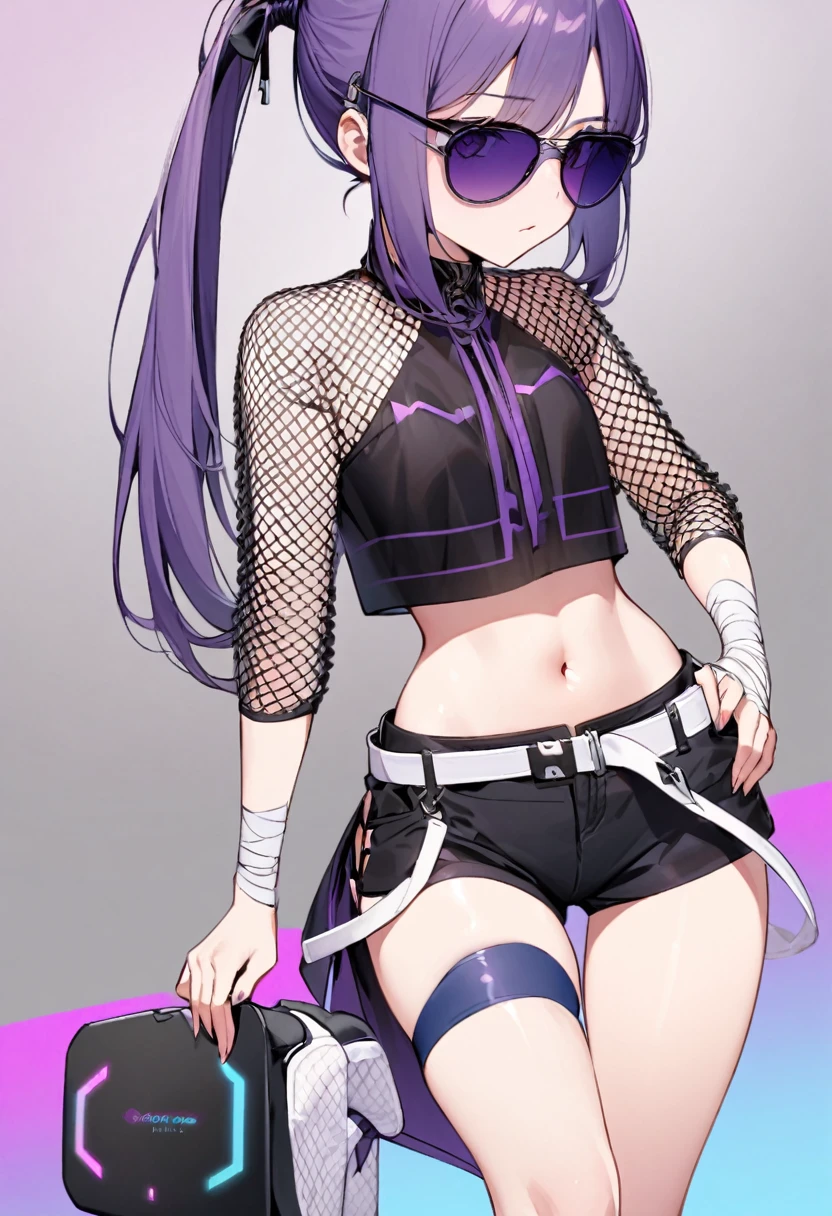 young girl, who wears a short jacket and a crop top, covering her upper body, exposing the navel. She also wears black buttonless shorts with a decorative piece of black and purple fabric, which hangs from the back, and also a white belt, with a gaming console attached to his hip. She has purple sunglasses on her head, , which she ties her hair into a loose ponytail. She also wears a pair of black ones, white and blue shoes, and also a knife, attached to her right leg, and short fishnets on the left calf. Besides, she has blue bandages on her left knee and lower back.