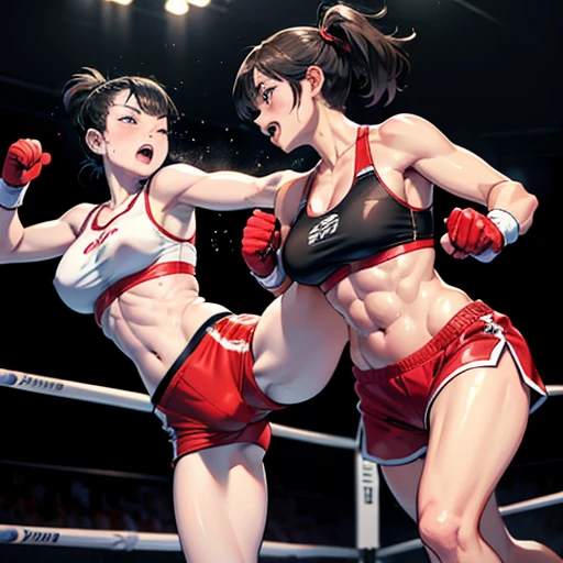 Two injured Japanese female heavyweight kickboxers boxing hard in the ring。Dynamic punch exchange。Murderous intent。Very intense battle。Sweating a lot。One eye closed, out of breath。Drooling。Boxing gloves。Erect nippleuscular。Six Pack Abs。Very thick arms and thighs。Super big breasts。Sports Bra。High leg shorts。