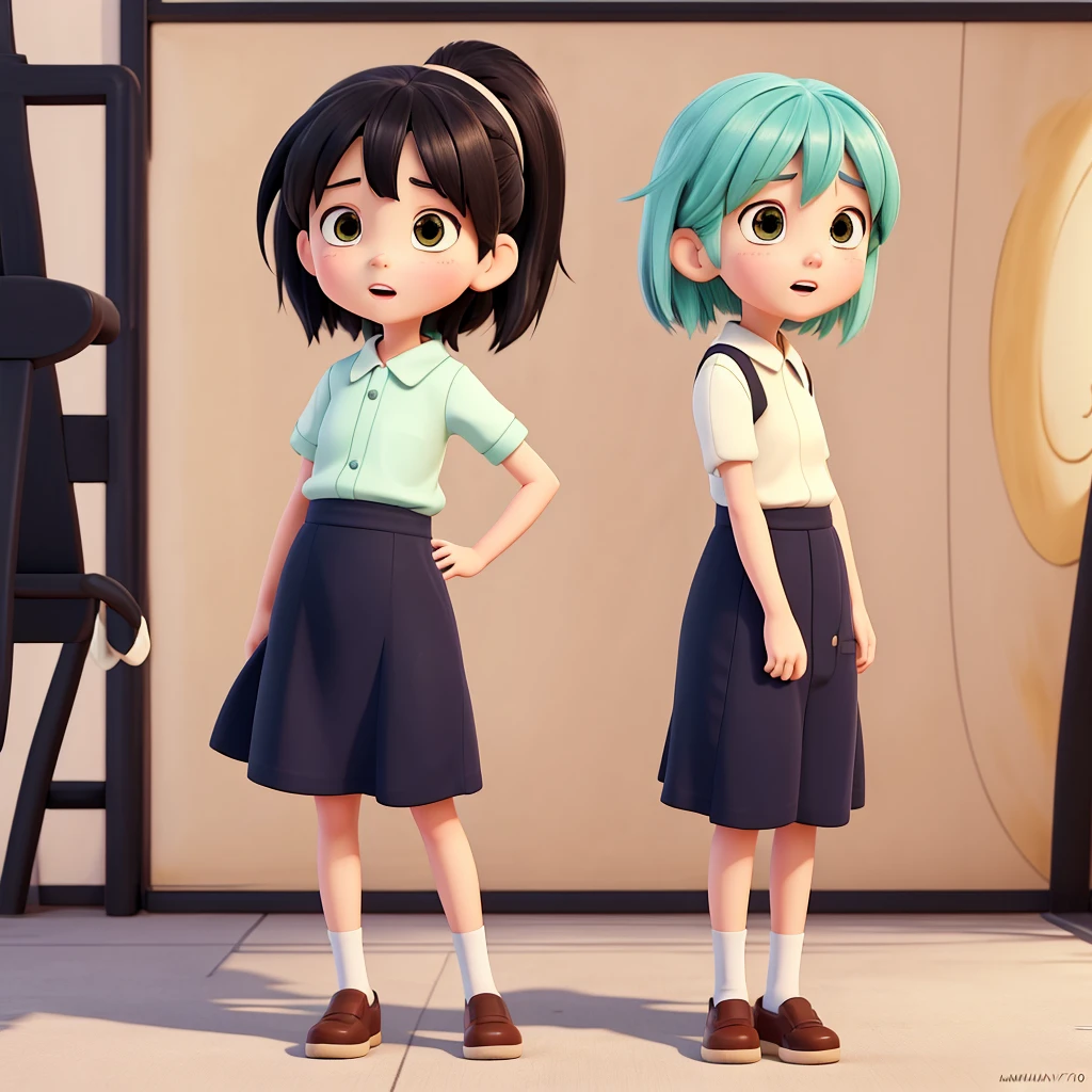 a cartoon girl with a surprised expression on her face, an anime drawing inspired by Leiko Ikemura, trends on deviantart, mingei, Spirited Away! Fujisaki, fubuki, [ digitl art ]!!, cel - shaded art style, cartoon cute, cel shaded!!!, I&#39;m going to make fanart too, with a blue jumpsuit and an orange blouse 