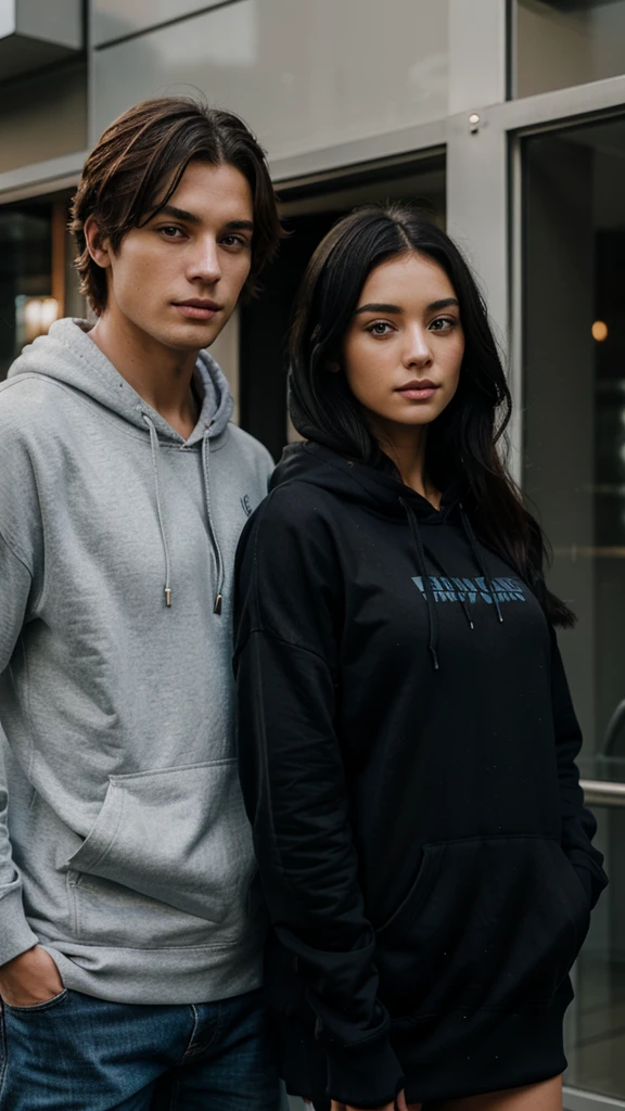 girl, black haired woman in a black hoodie with a blonde, blue eyed MAN next to her