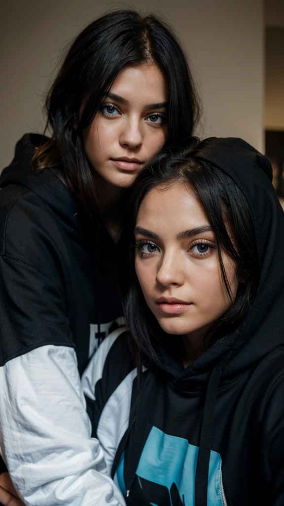 girl, black haired woman in a black hoodie with a blonde, blue eyed MAN next to her