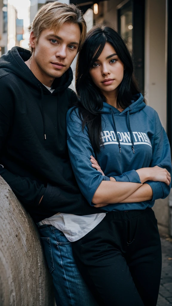 girl, black haired woman in a black hoodie with a blonde, blue eyed MAN next to her