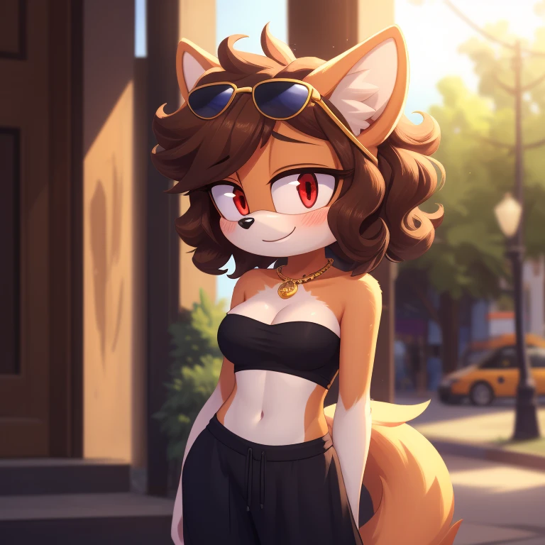 mobian, solo, hedgehog, two-tone fur ((orange fur, brown fur)), strapless crop top, baggy pants, cleavage, two-tone hair (brown hair, black tip)), curly hair, halo, sunglasses, jewelry, red eyes, longeyelashes, red eyes, smile, shy, blush,  framed, stereogram, image fill, viewfinder, depth of field, high details, high detail, masterpiece, UHD, anatomically correct, super detail, highres, 4K