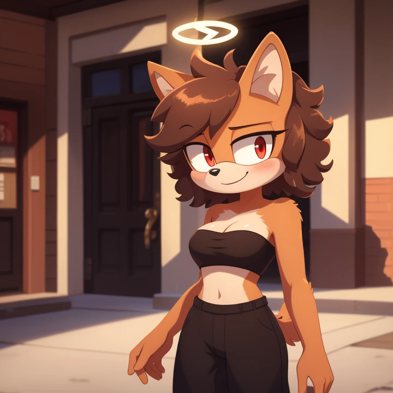 mobian, solo, hedgehog, two-tone fur ((orange fur, brown fur)), strapless crop top, baggy pants, cleavage, two-tone hair (brown hair, black tip)), curly hair, halo, sunglasses, jewelry, red eyes, longeyelashes, red eyes, smile, shy, blush,  framed, stereogram, image fill, viewfinder, depth of field, high details, high detail, masterpiece, UHD, anatomically correct, super detail, highres, 4K