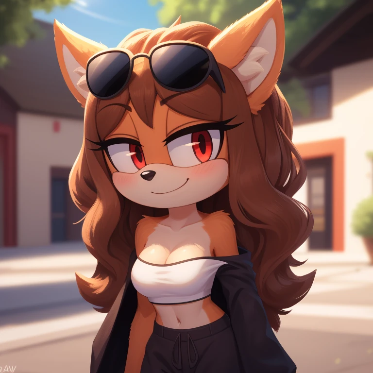 mobian, solo, hedgehog, two-tone fur ((orange fur, brown fur)), strapless crop top, baggy pants, cleavage, two-tone hair (brown hair, black tip)), curly hair, halo, sunglasses, jewelry, red eyes, longeyelashes, red eyes, smile, shy, blush,  framed, stereogram, image fill, viewfinder, depth of field, high details, high detail, masterpiece, UHD, anatomically correct, super detail, highres, 4K