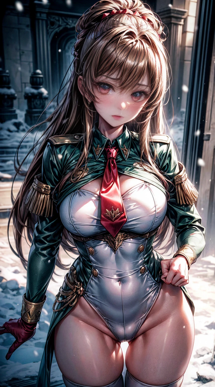 Very detailed CG Unity 8K wallpaper,(tmasterpiece),Colossal 、Toned buttocks、pale pink lip、（with blush cheeks）、(best qualtiy),(ultra - detailed),(Ultra photo realsisim),(best character detail:1.36),Nikon D750 F / 1.4 55mm,profetional lighting, Anatomically correct proportions、Anatomically correct limbs、Anatomically correct fingers、physically-based renderingt, 1girll, female soldier,Zeon Military Uniform,Green military uniform,Fabric texture military uniform,snow-white lining,red necktie,bangss、brown hair updated hair,the golden ratio,[:(with detailed face:1.2):0.2]:,Loss of pure face_v1, Kpop Idol、broad shoulder,(Bigchest:1.5),(Big Assa:1.5),Drenched in sweat,red flag,In the square,Superb view,Bright sun、