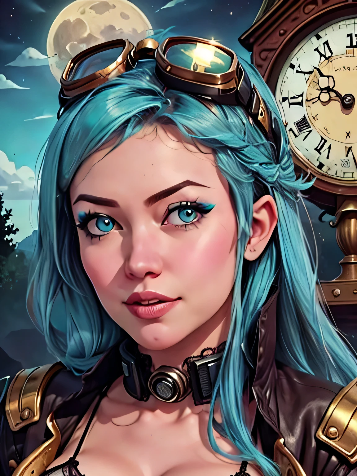 score_9, score_8_up, score_7_up, score_6_up, score_5_up, score_4_up, 1woman, moon background, reflective ground, abstract, a woman with blue hair and goggles on her head and a clock in the background with a clock, steampunk, a character portrait, rococo, 1girl, aqua eyes, aqua hair, breasts, cleavage, eyewear on head, fingerless gloves, gloves, goggles, goggles on head, lace, lace trim, lips, long hair, looking at viewer, makeup, sitting, solo, steampunk, striped, sunglasses expressiveH
