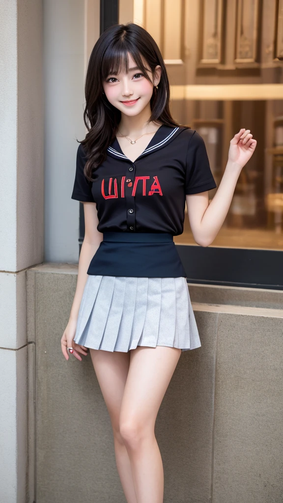 (masterpiece:1.3),High resolution,(8K, High resolution:1.2),(RAW Photos), (Realistic:1.3),One Girl,12 years old,Middle school students,Very cute girl,Beautiful white skin、Japanese,Black Hair,short hair,Big eyes,Glossy lips,(Slender figure:1.3),Sailor suit,Short sleeve,Pleated skirt,(Ultra Mini Skirt:1.8),Thighs,Photographed from the knees up,blush、smile、Cleavage、White lace panties,
