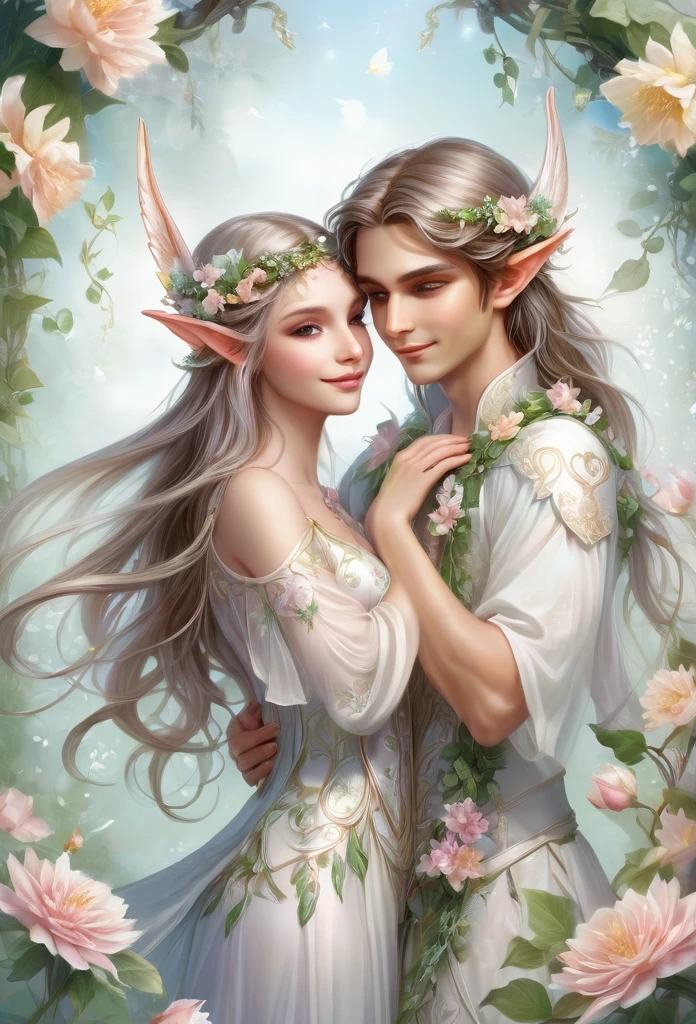 high quality),(refined details),(fantasy illustration),a couple of elves hugging each other (boy and girl), ((full body)),delicate long ears, (girl's) hair adorned with flowers and vines, perfect angelical face, inocente,delicate,light mist background , surrounded by flowers