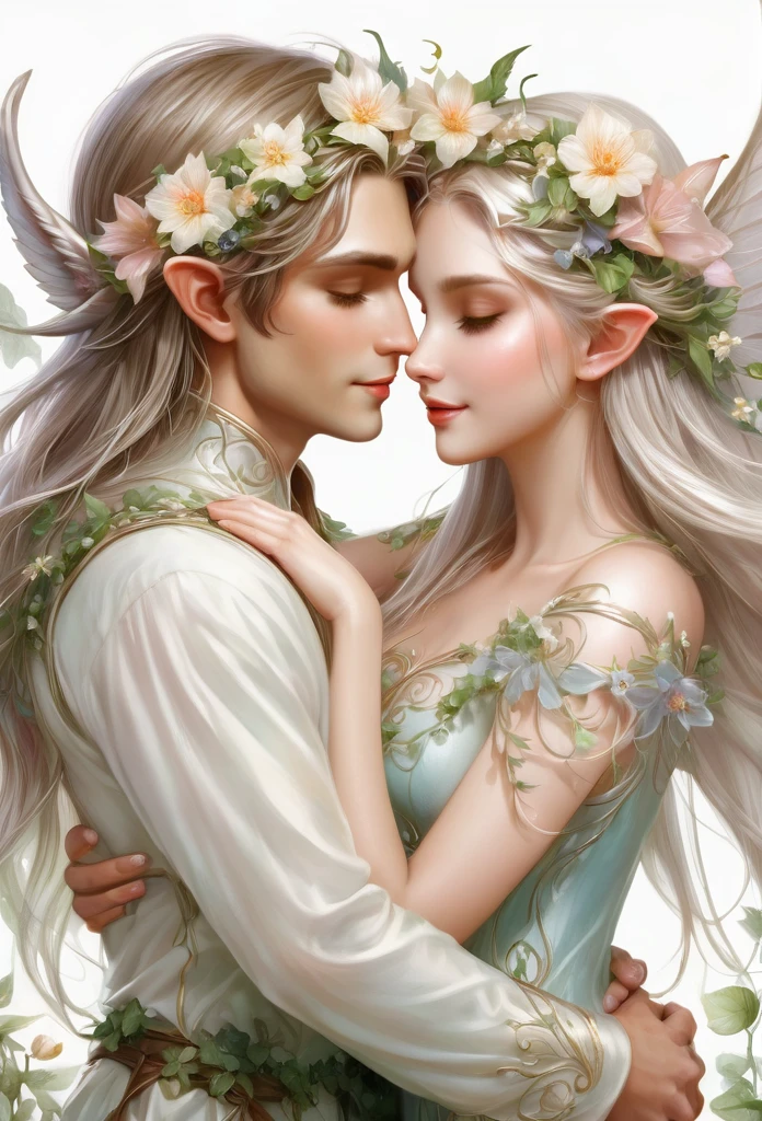 high quality),(refined details),(fantasy illustration),a couple of elves hugging each other (boy and girl), ((full body)),delicate long ears, (girl's) hair adorned with flowers and vines, perfect angelical face, inocente,delicate,light mist background , surrounded by flowers