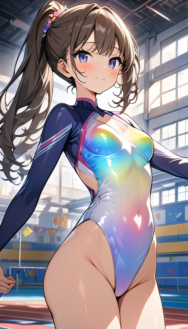 highquality illustration, masterpiece, very delicate and beautiful, attractive girl,(gymnastics leotard, Floral patterns leotard,long sleeve leotard with glittery decoration,high_leg leotard,athletic leotard,tight-fit leotard,iridescent gradient leotard,long-sleeve leotard),thin,slender body,slim,high school,gymnasium background,gymnastics club,gymnastics athlete,princess, beautiful eyes,light smile,(masterpiece, best quality:1.2), highres, extremely detailed CG unity 8k wallpaper, perfect lighting, Colourful, ultra-high res,4K,ultra-detailed, photography, 8K, HDR, ages,