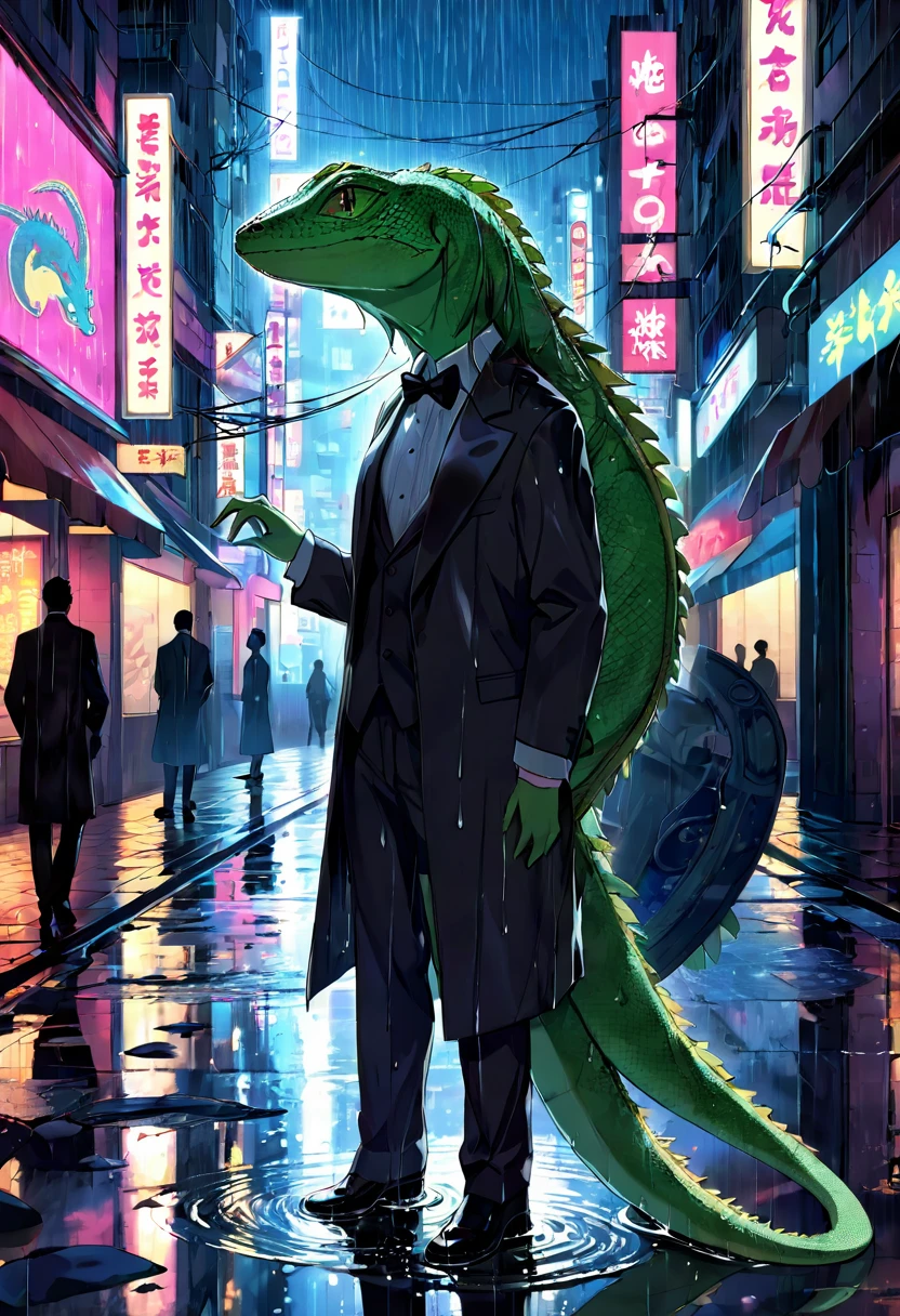 cover page, highres, top quality, best quality, paid reward available, unparalleled masterpiece, perfect artwork, absurdres, High-quality illustrations, super high resolution, detailed background, Lizard wearing a tuxedo wet in the rain, in the city, a night view with neon signs shining, silhouette reflected in a puddle, cinematic lighting,