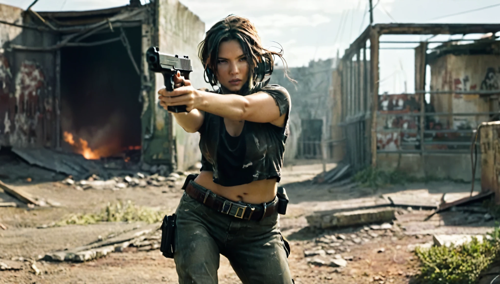 woman with Glock model gun aiming at someone in post-apocalypse world