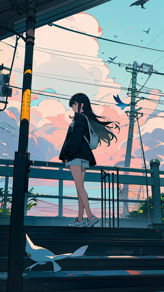 masterpiece, Exquisite detail,Highest quality, One girl, alone, handrail, cloud, Standing in the city,Long Hair, shoes, zero, Long sleeve, sneakers, Power lines, White footwear, Black Hair, View your viewers, Electric pole, bangs, cloudy zero, fish, bird, Green Eyes, Shorts, animal, Day, Black Shirt, barefoot,train,Railroad crossing,whale,whale