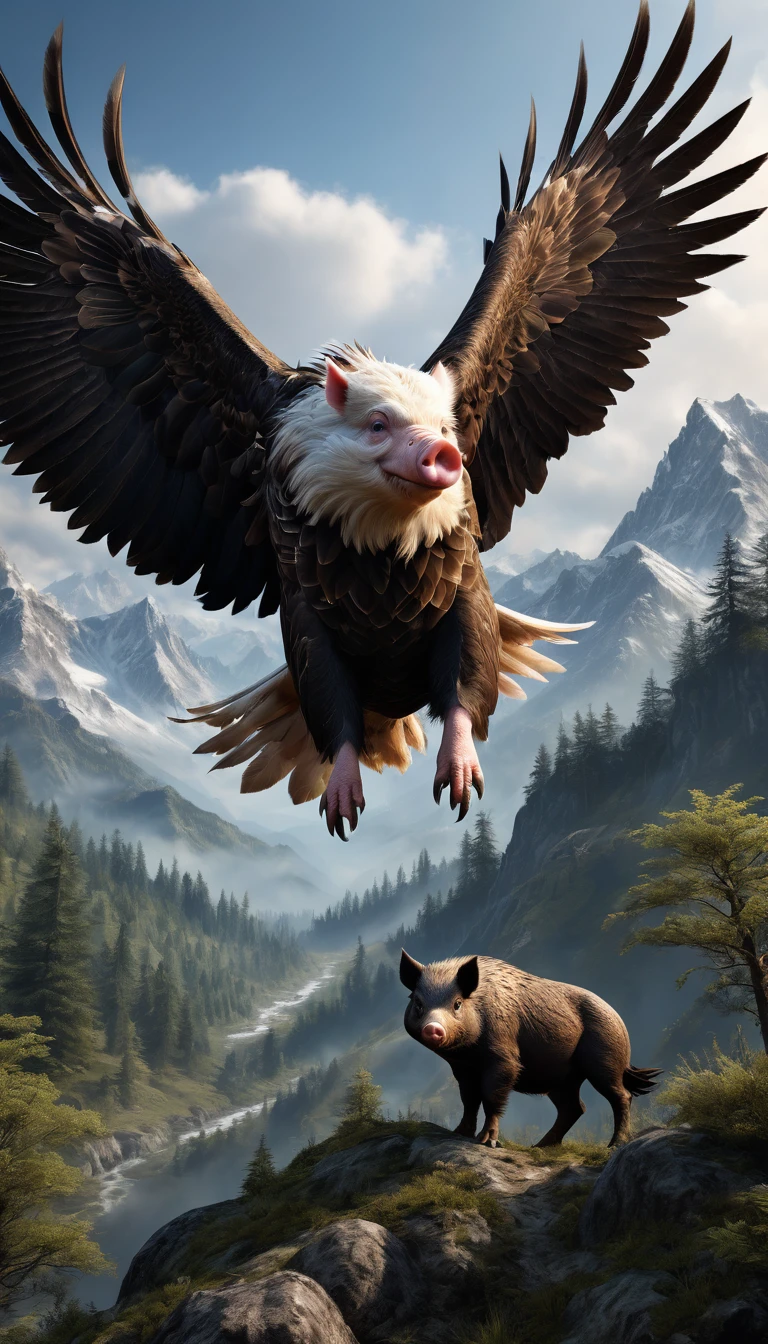 Mountains and forests,There is a kind of beast,Looks like a pig,The claws of an eagle,(best quality,4K,8K,High level,masterpiece:1.2),Ultra Detailed,(lifelike,Photo real,Photo real:1.37),Highly detailed animals,Realistic lighting,Fantasy Creatures