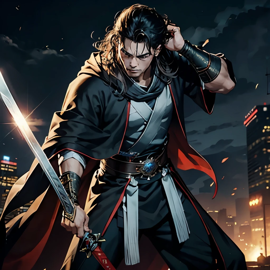 masterpiece, best quality, close up,full-body shot,全身close up,Comic book characters,man,Handsome,Angry face,king,leader,tall,Proud,Top view,Sly,Black long curly hair,High nose bridge,黑色shawl,High forehead,Disheveled,robe,shawl,用手扯着shawl,wristband,Arm Guard,blackboots,Sabre,Long Sword。