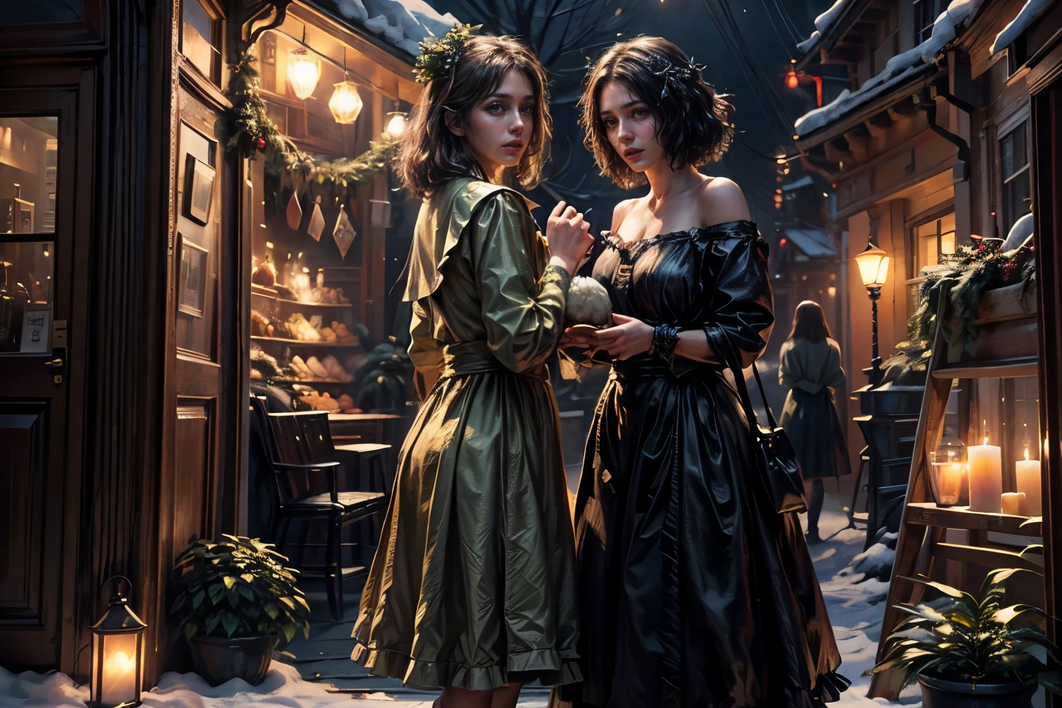 three women standing next to each other in front of a christmas tree, painting by emma andievska, tumblr, happens, beautiful girls, christmas night, not blurry, at the party, new year's eve, photo taken in 2020, night, detailed, atmospheric lighting, realistic, photorealistic, photo-realistic:1.37, (best quality,4k,8k,highres,masterpiece:1.2),ultra-detailed,(realistic,photorealistic,photo-realistic:1.37),HDR,UHD,studio lighting,ultra-fine painting,sharp focus,physically-based rendering,extreme detail description,professional,vivid colors,bokeh