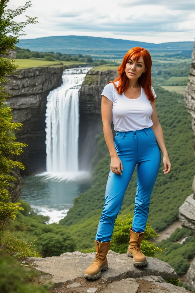 chris Eclear waterfall and Poole from 35 feet high Irish Vibrant red hair girl "She's very tall ,Hands Big breasts, and here arm over her head On the other in her hair in triumph In a Hiking pants and top in the colour of Brown khaki Gear," Standing knee high with two white little dogs Give this picture an Irish feel of an Irish countryside," Make all the water Bright blue She's got to be in hiking boots trousers and top with a knife