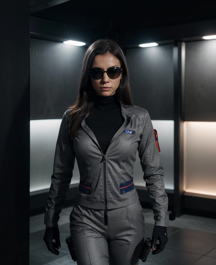 Secret Agent Detailed Description, (best quality, current:1.37) spy, (Dark mysterious background, secret mission) Covert operations, (((Sophisticated light gray suit, Fits the body))), Wearing black sunglasses, (High-tech products and weapons) in a hidden underground facility, (super detailed) Surrounded by advanced surveillance technology, (bright colors:1.1) Intense and dramatic lighting, (bokeh:1.1) With slight red and blue tints, show thrills、Suspenseful atmosphere, (professional:1.1) Capture the moment agents approach a laser-protected vault, (Physically based rendering) Showcasing our agents' high level of skill and expertise in spying activities, (sharp focus) and leaving viewers intrigued by the secret mission yet to be revealed, ((15 year old Japanese girl, Slim, thin waist, thin thighs)), ((armpit hair、armpit hairを見せる、raise arms、armpit))