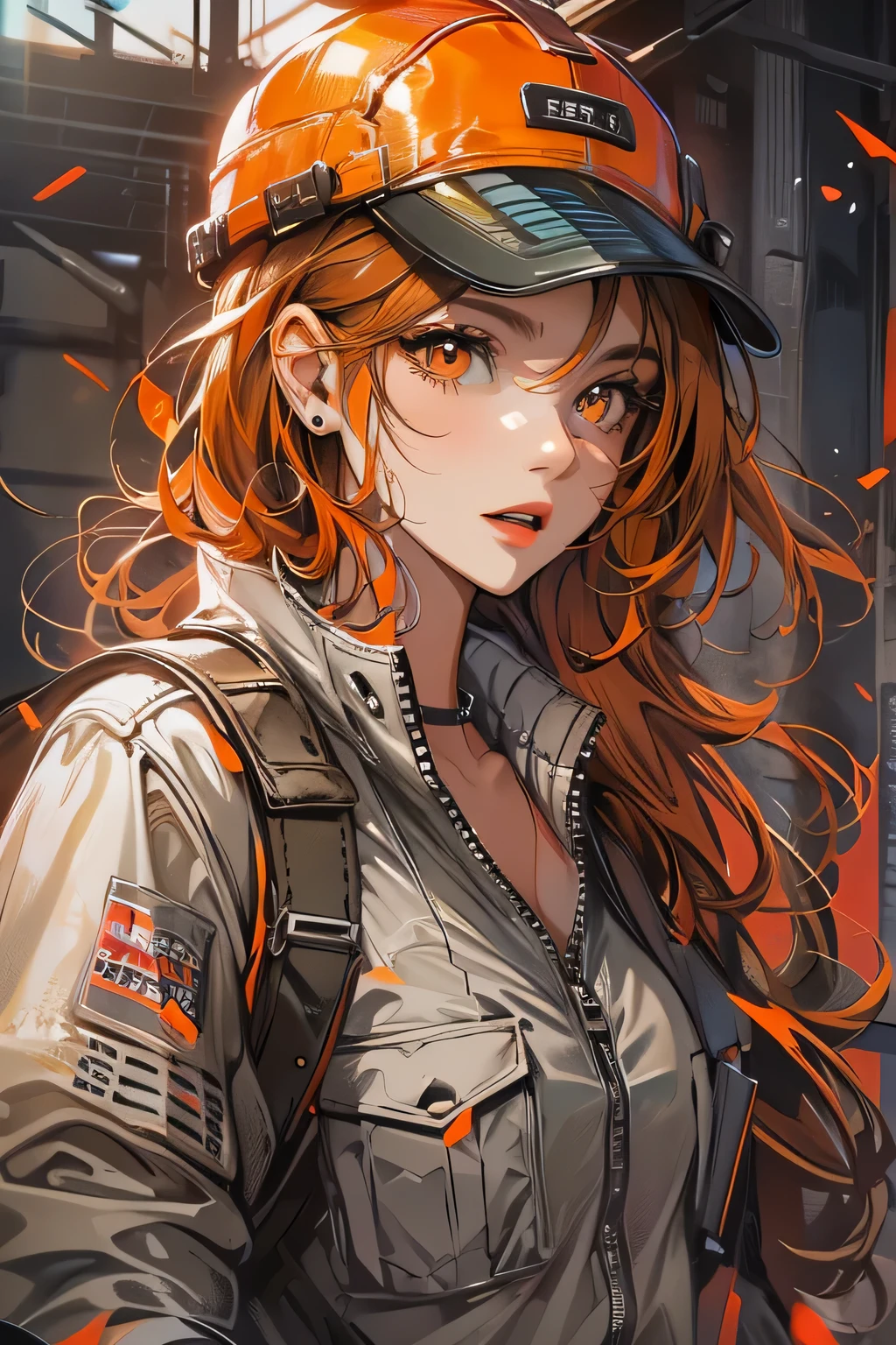 young woman, IFOM, older, dark orange hair, seductive look, Clothes for construction workers, wear a cap, orange eyes