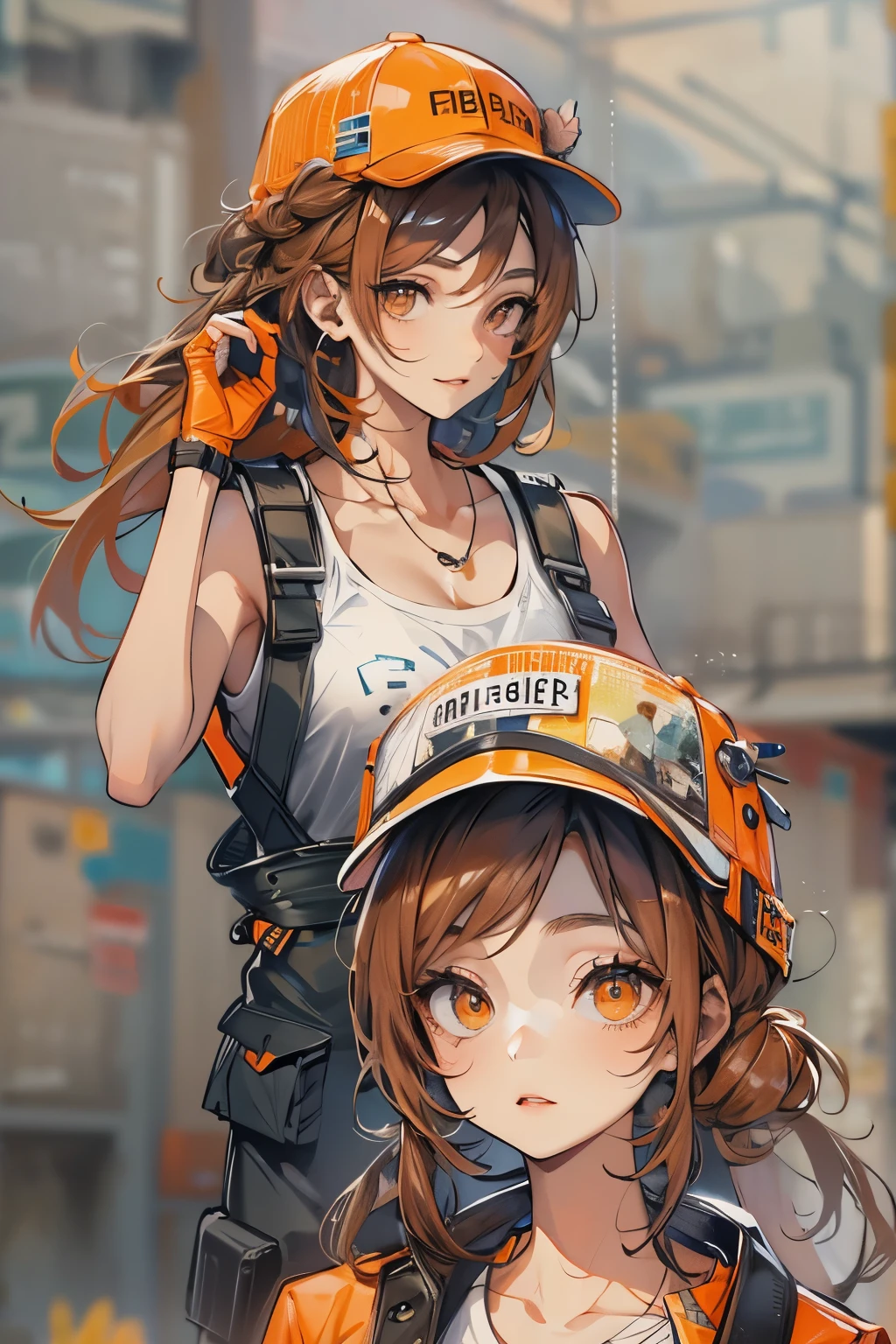 young woman, IFOM, older, dark orange hair, seductive look, Clothes for construction workers, wear a cap, orange eyes